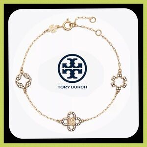 NEW Tory Burch Kira Clover Pavé Bracelet in 18kt Gold-plated Brass